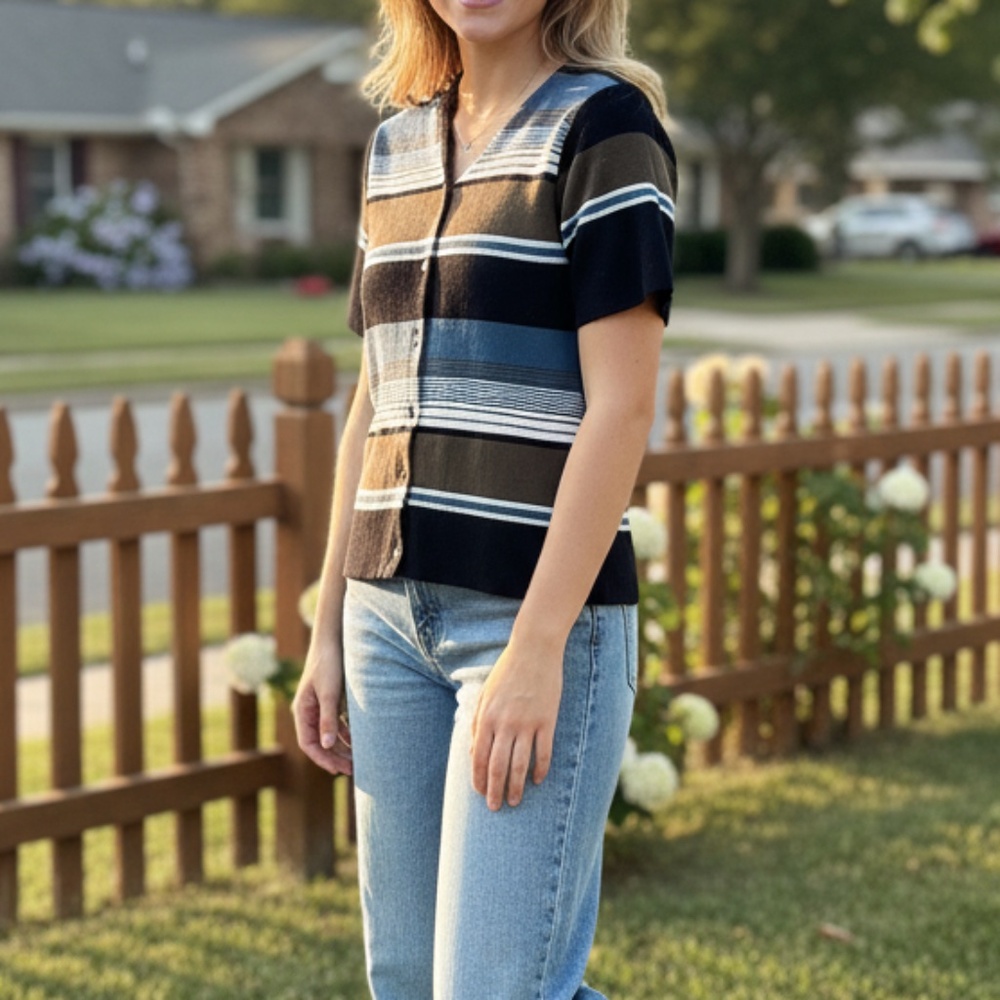 Vintage Kathy Ireland Striped Ribbed Button Front Top – Size Small  Made in USA